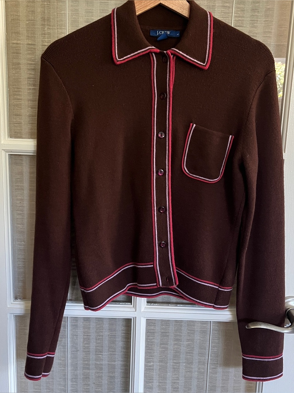 Vintage J. Crew Brown Button Down Wool Cardigan with Pink Trim